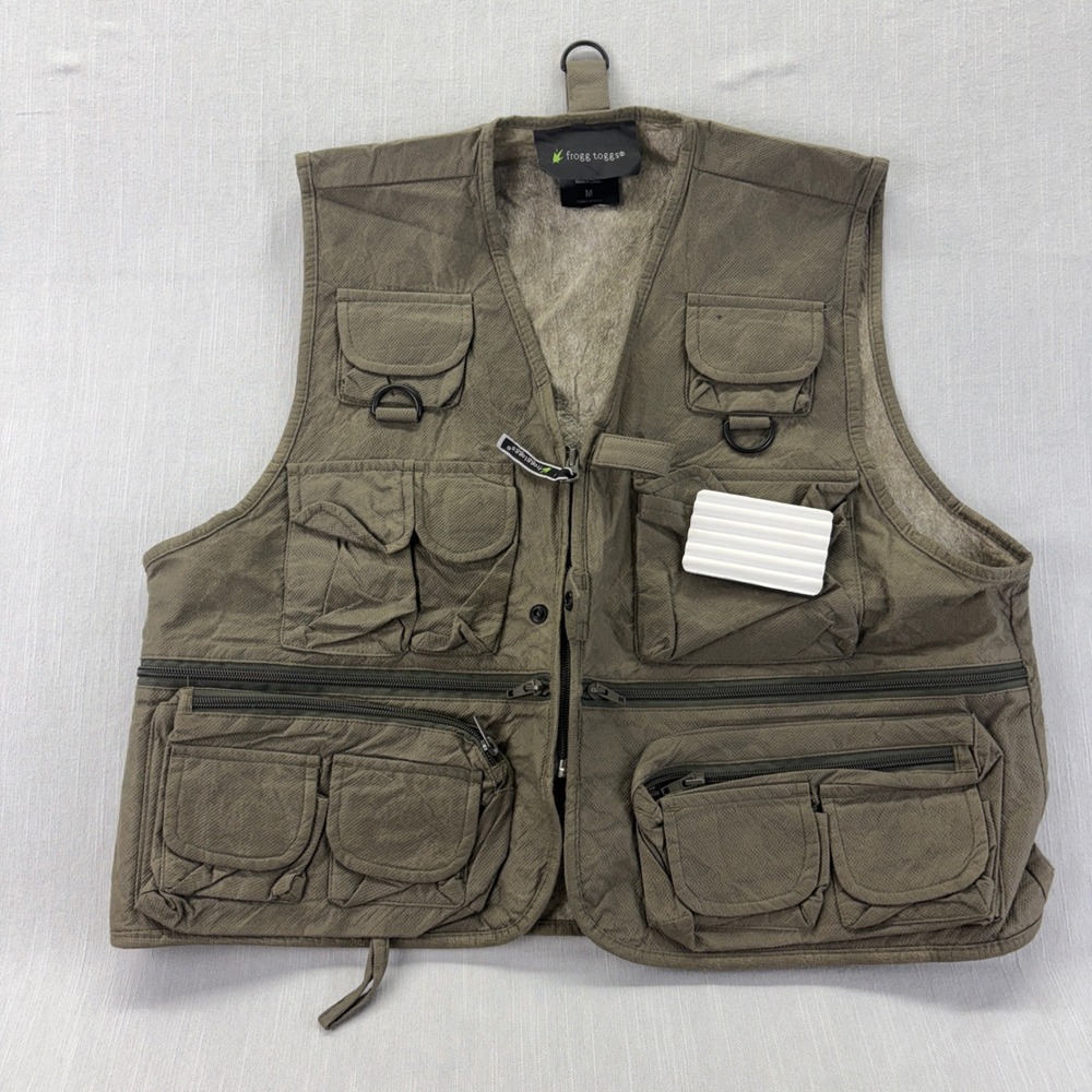 Frogg Toggs Fishing Vest Medium Olive Green Multi-Pocket Utility D-Rings